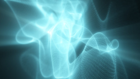 Cool cyan fluid shapes twist and move through space, forming glowing abstract ribbons in a high-tech...