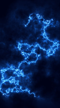 Abstract electric blue lightning streaks forming chaotic glowing patterns across a dark cosmic...