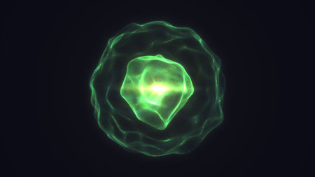 Glowing green luminous energy sphere with fluid plasma surface radiating futuristic cosmic light.