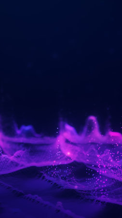 Abstract digital landscape with glowing purple particles and flowing waves, symbolizing data and...
