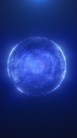 A glowing blue sphere of particles, surrounded by soft blue light, suggesting a cosmic or futuristic...