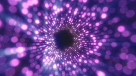 Dynamic glowing tunnel of pink light particles creating a radiant digital vortex.