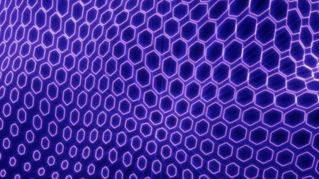 Bold purple neon hexagonal grid with glowing edges, forming a smooth 3D surface that evokes cyber...