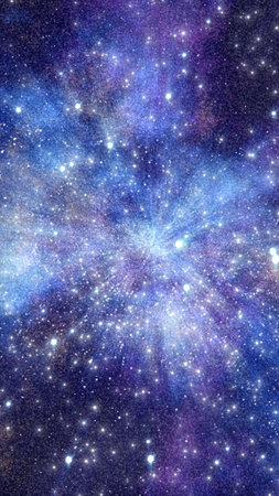 Deep space scene filled with countless stars and nebula clouds in blue and purple tones, radiating...