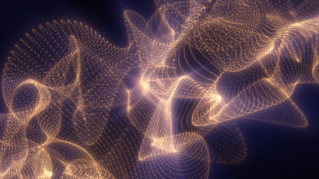 Glowing golden particles swirl into an elegant abstract wave pattern, flowing through dark space...