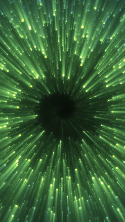 Abstract glowing green vortex of energy beams forming a futuristic tunnel of light.