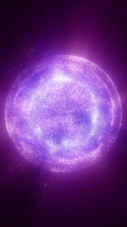 Sparkling purple cosmic sphere with shimmering particles radiating outward, representing a luminous...
