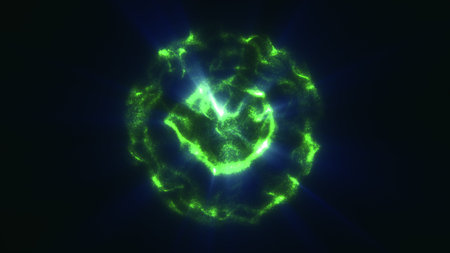Green glowing sphere with a soft, fluid texture and central illuminated core.