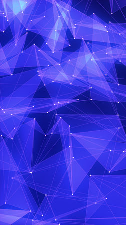 Abstract geometric network of blue polygons connected by white points over a dark gradient...