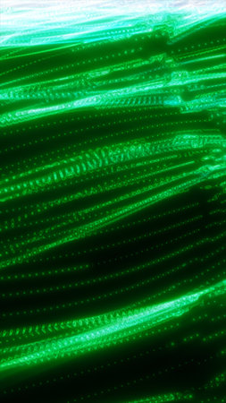 A green glowing abstract texture with deep, glowing lines that flow and create a digital, almost...