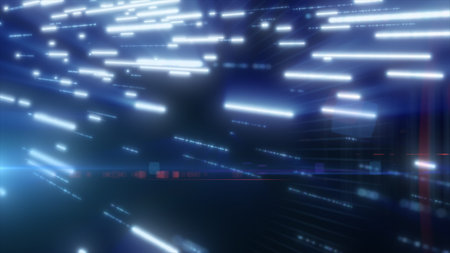 Abstract background with glowing blue light trails in motion, futuristic digital energy flow.