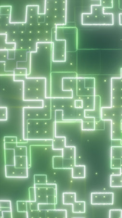 Abstract glowing green digital grid with luminous geometric lines and small sparkling points of...
