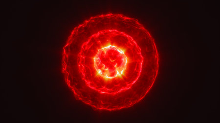Radiant red energy sphere with concentric glowing rings and a luminous central core.