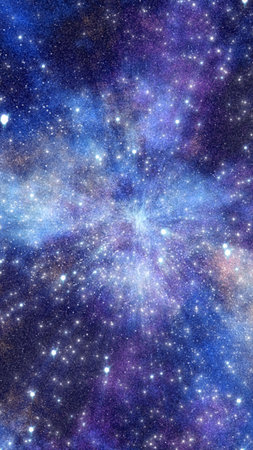 Deep space scene filled with countless stars and nebula clouds in blue and purple tones, radiating...