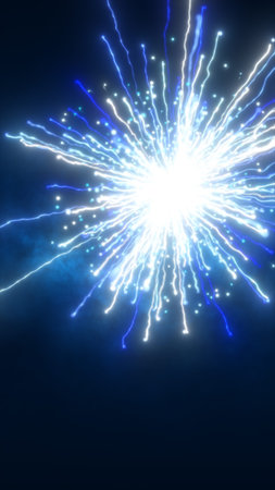Abstract glowing blue firework explosion with radiant light and sparkling energy trails in dark...