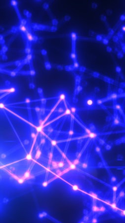 Glowing blue and pink network of connected light nodes forming an abstract digital web.