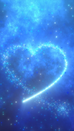 Blue glowing heart formed from sparkling particles on a cosmic background, symbolizing love and digital fantasy.の写真素材