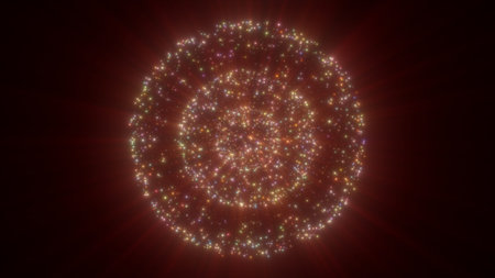 A red glowing sphere made up of colorful particles radiating energy, creating a mesmerizing effect with light rays shooting outward.の写真素材