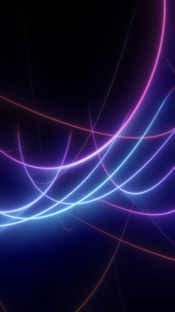 Curved neon light trails in pink, blue, and purple tones flow across a dark background, creating a vibrant, futuristic motion effect.の写真素材