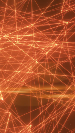Abstract glowing orange laser grid with intersecting light beams, futuristic cyber background.の写真素材