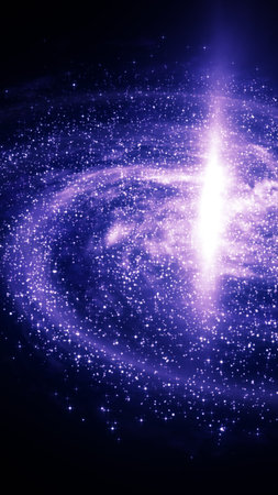 Vivid galactic core in radiant purple with swirling stars and glowing cosmic energy.
