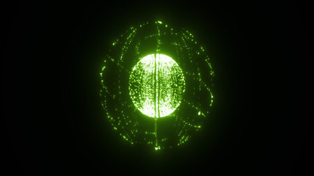 Abstract green glowing sphere made of digital particles and lines floating in dark space.の写真素材