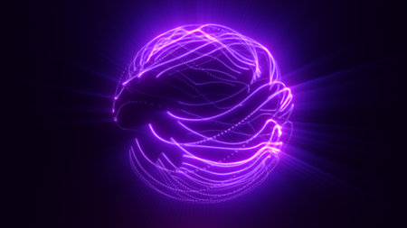 Bright neon violet and pink sphere with energetic spirals and digital particles forming a dynamic abstract core.の写真素材