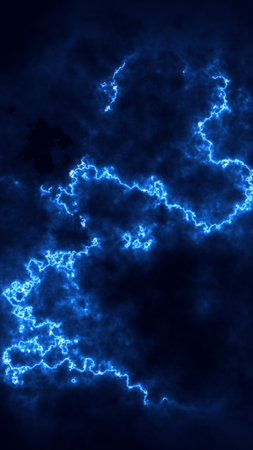 Abstract electric blue lightning streaks forming chaotic glowing patterns across a dark cosmic background.の写真素材