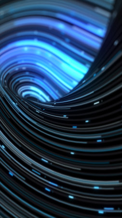 Flowing curved digital wave in glowing blue tones, resembling a futuristic energy stream.の写真素材