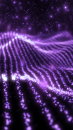 Glowing purple particle strands forming a DNA-like structure on a dark background.