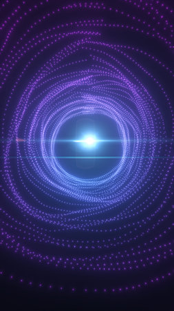 A glowing purple spiral of dots leading toward a bright central light, evoking a sense of motion and...