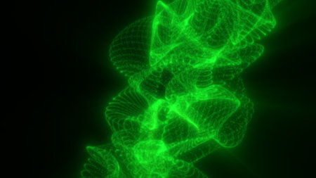 Vivid green glowing mesh twists into a complex spiral formation against a dark background, resembling a dynamic digital helix.の写真素材