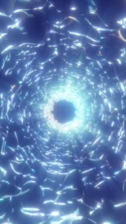 Abstract glowing blue tunnel of crystalline structures forming a radiant futuristic vortex.