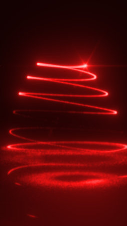 Red glowing spiral of light forming an abstract Christmas tree shape against a dark festive background.の写真素材