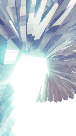 Bright metallic crystal spiral with a glowing white core, symbolizing energy, light, and abstract...