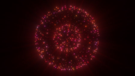 A red glowing cosmic sphere with colorful particles radiating energy, creating an intense and vibrant light display.の写真素材