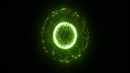 Abstract green glowing sphere made of digital particles and lines floating in dark space.の写真素材