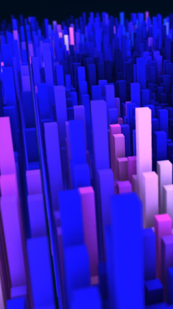 Abstract futuristic cityscape made of glowing blue and pink 3D blocks resembling digital skyline.