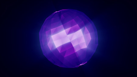 Radiant purple crystal sphere glowing with faceted brilliance, emitting mystical light in a dark digital void.の写真素材