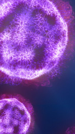 Bioluminescent purple cell-like structures with branching textures glowing on a dark blue background.の写真素材