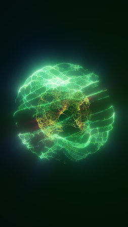 Abstract glowing green sphere with electric patterns, radiating light in a dark space.の写真素材