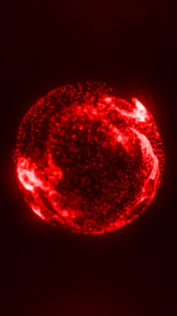 Abstract glowing red plasma sphere with dynamic energy particles in motion.