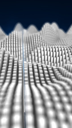 Digital 3D abstract landscape of white cubic blocks forming futuristic wave structure against blue...