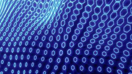 Striking cyan hexagonal grid stretching into a wave, representing futuristic digital networks and...