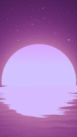 Minimalist pink sunset over reflective water with stars scattered across the night sky.