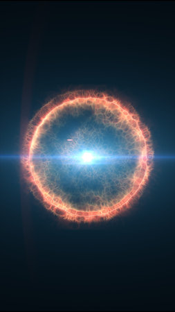 Glowing orange and blue fiery sphere emitting light and plasma energy, representing power, science,...