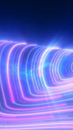 Abstract glowing neon tunnel of blue and pink waves, futuristic background symbolizing technology...