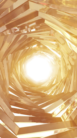 Abstract golden tunnel with metallic spirals converging towards a glowing bright light at the...
