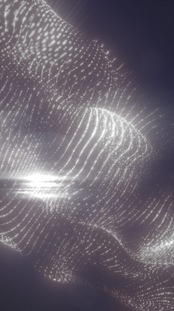 Abstract silver waves of glowing dots forming smooth fluid motion on a dark futuristic background.