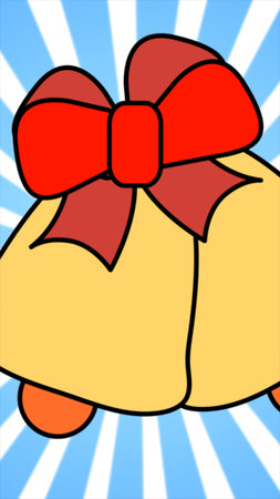 Cartoon-style illustration of golden Christmas bells with a big red bow on a blue sunburst background.の写真素材